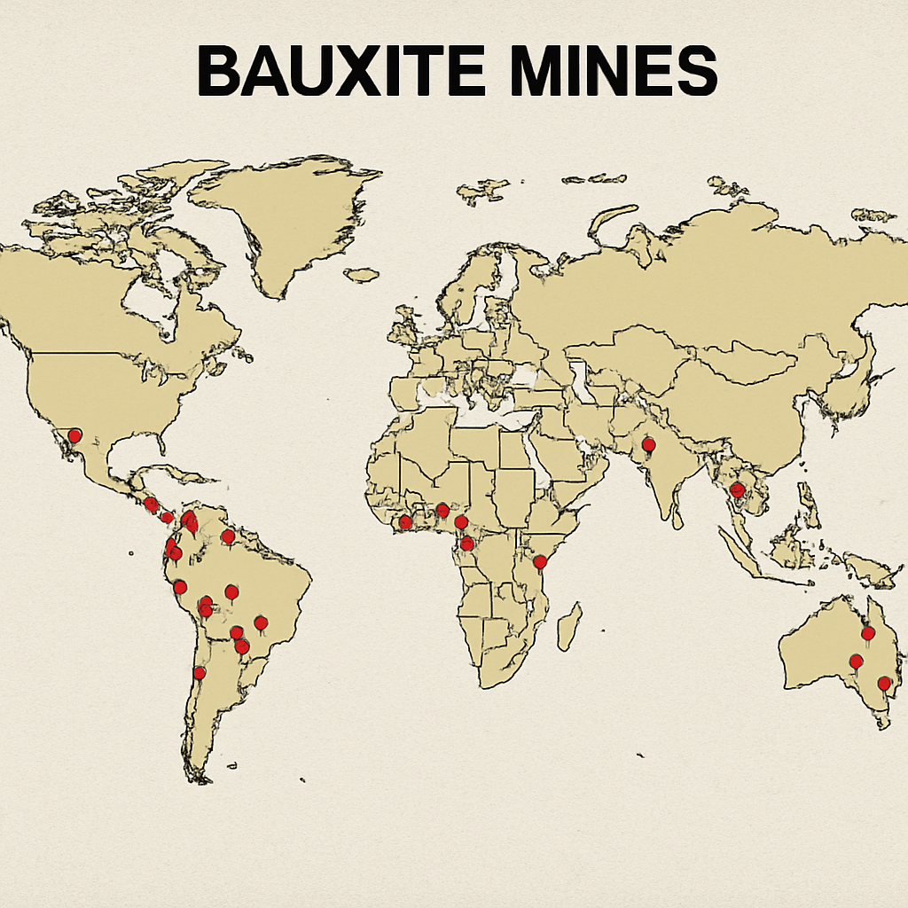 Map of global bauxite mines where is alumina found